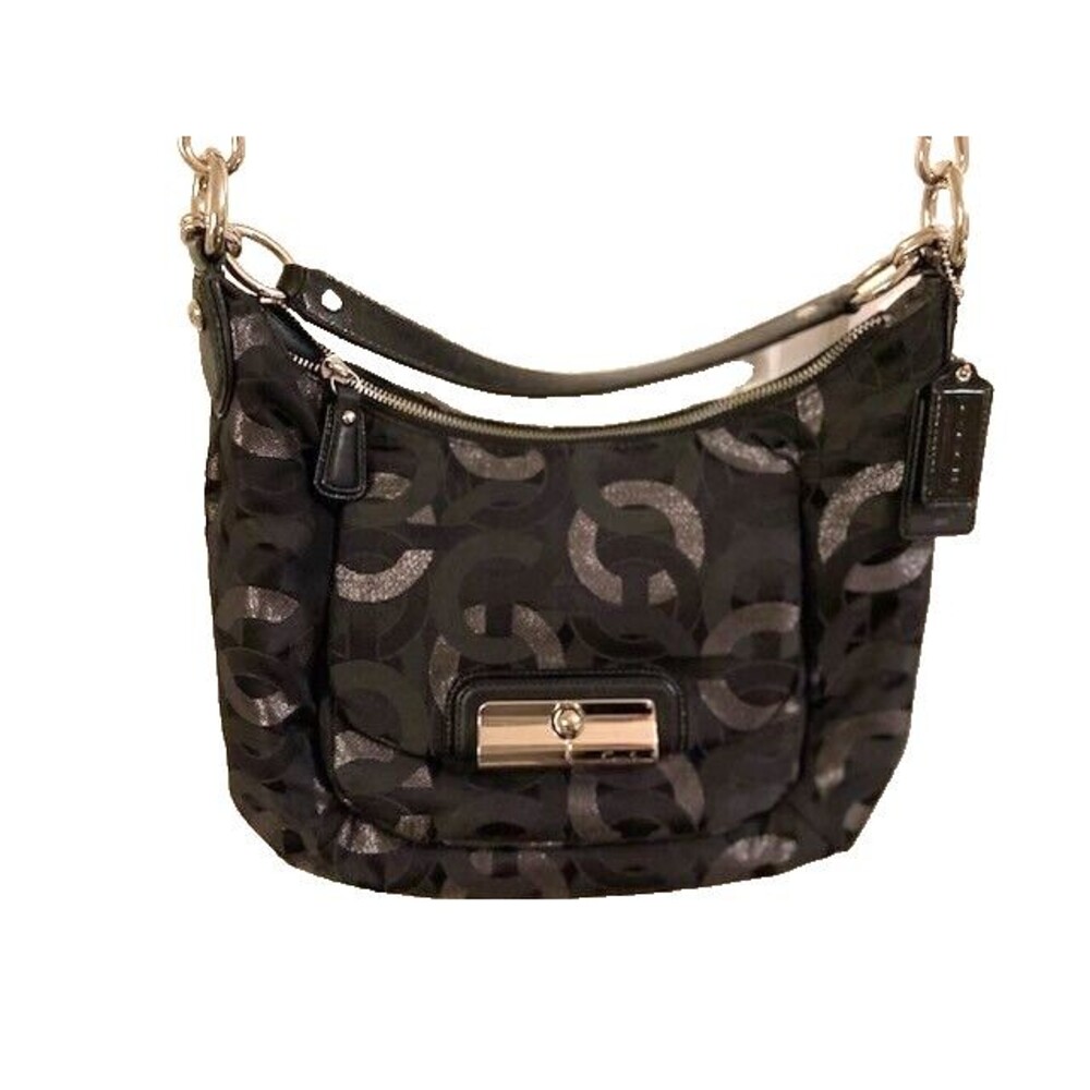 Authentic Black Sateen Coach Signature Bag Detachable Strap Medium Size